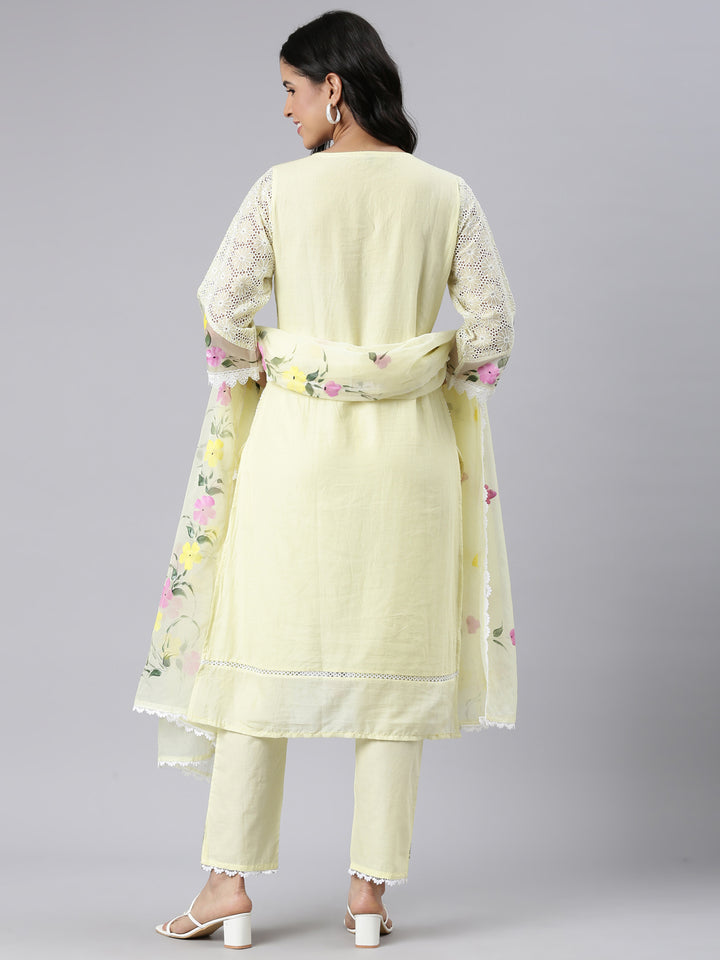 Neerus Yellow Regular Scalloped Solid Kurta and Trousers With Dupatta