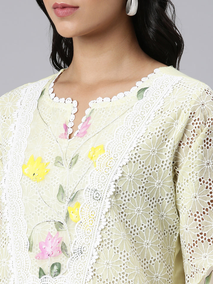 Neerus Yellow Regular Scalloped Solid Kurta and Trousers With Dupatta