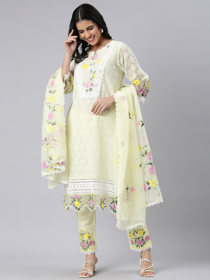 Neerus Yellow Regular Scalloped Solid Kurta and Trousers With Dupatta