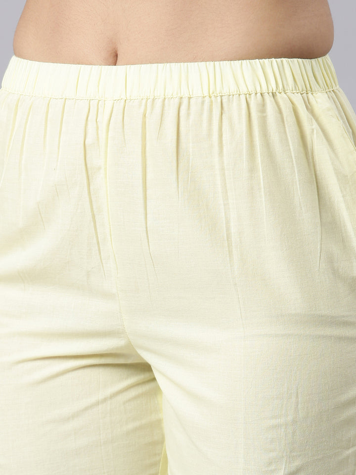 Neerus Yellow Regular Scalloped Solid Kurta and Trousers With Dupatta