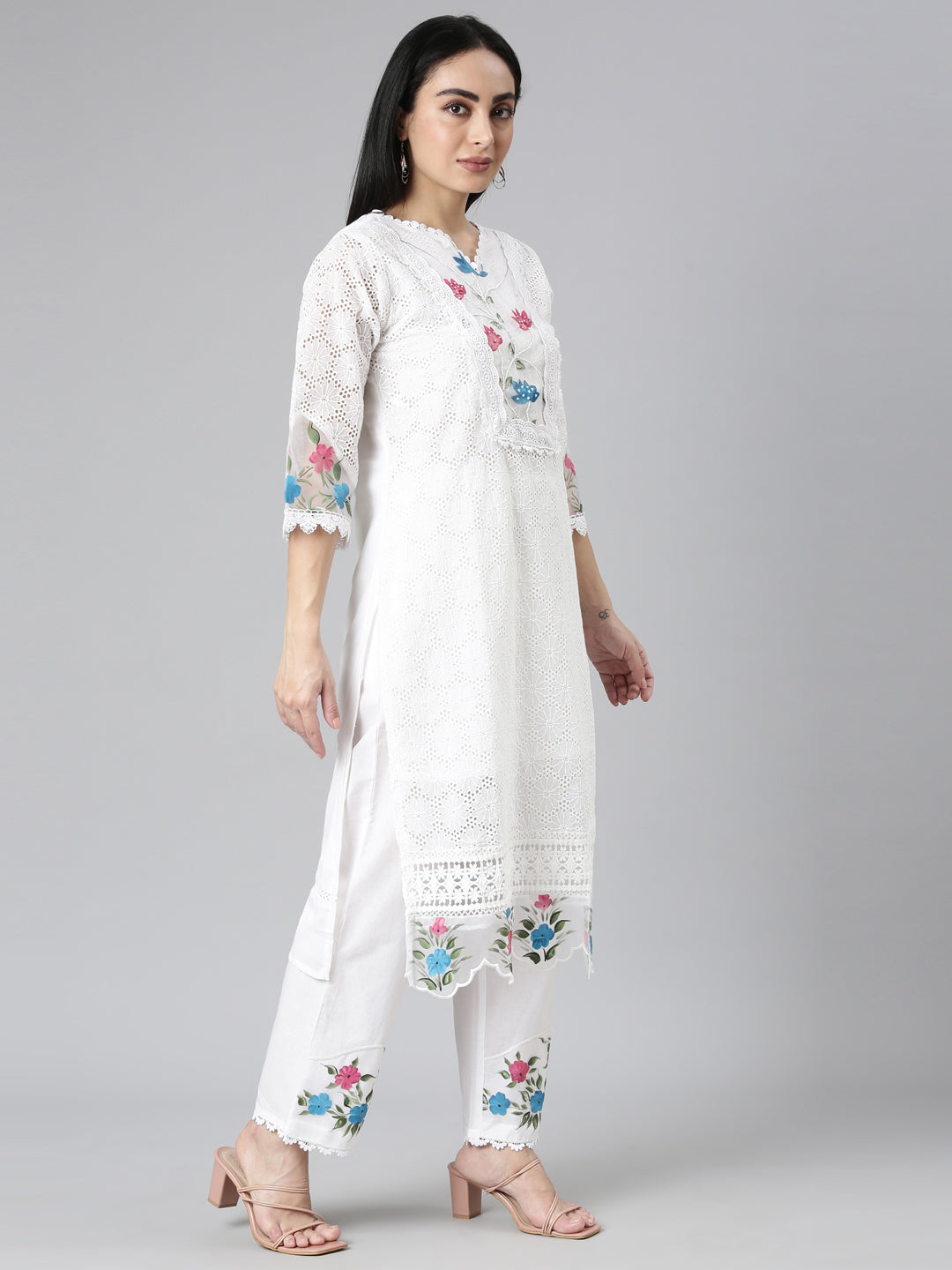 Neerus White Chikankari Suit Set - back view