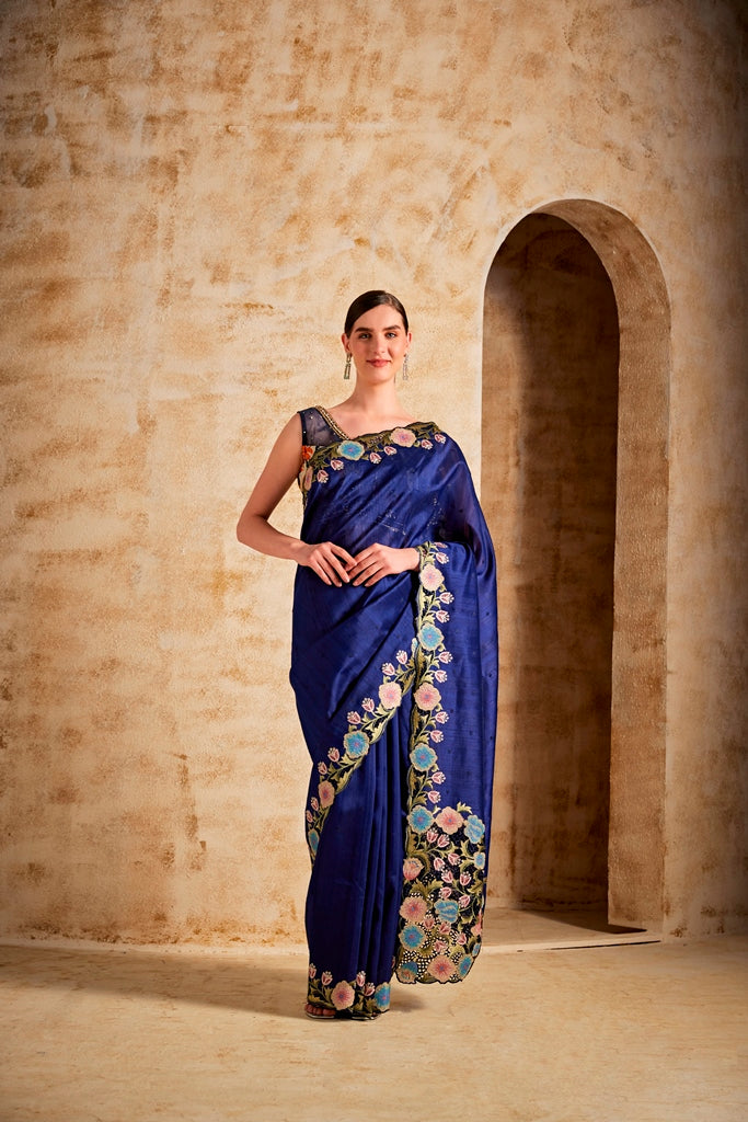 Neerus Navy Blue Dupion Fabric Saree