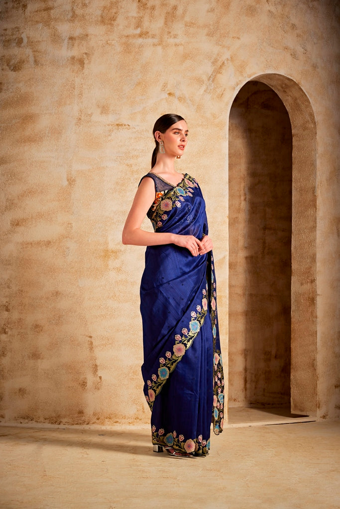 Neerus Navy Blue Dupion Fabric Saree