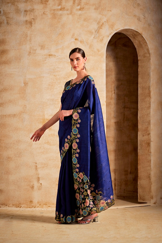 Neerus Navy Blue Dupion Fabric Saree