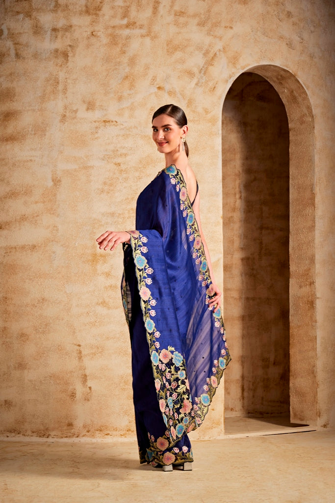 Neerus Navy Blue Dupion Fabric Saree