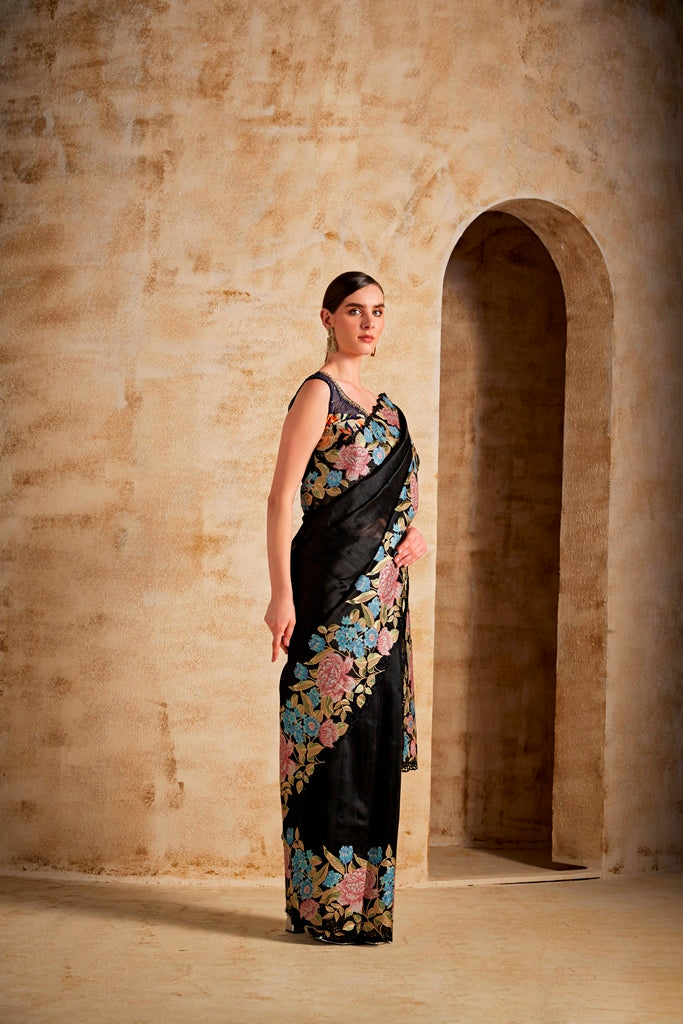 Neerus Black Color Dupion Fabric Saree