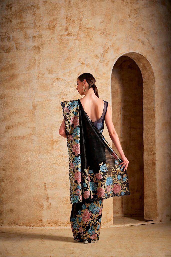 Neerus Black Color Dupion Fabric Saree