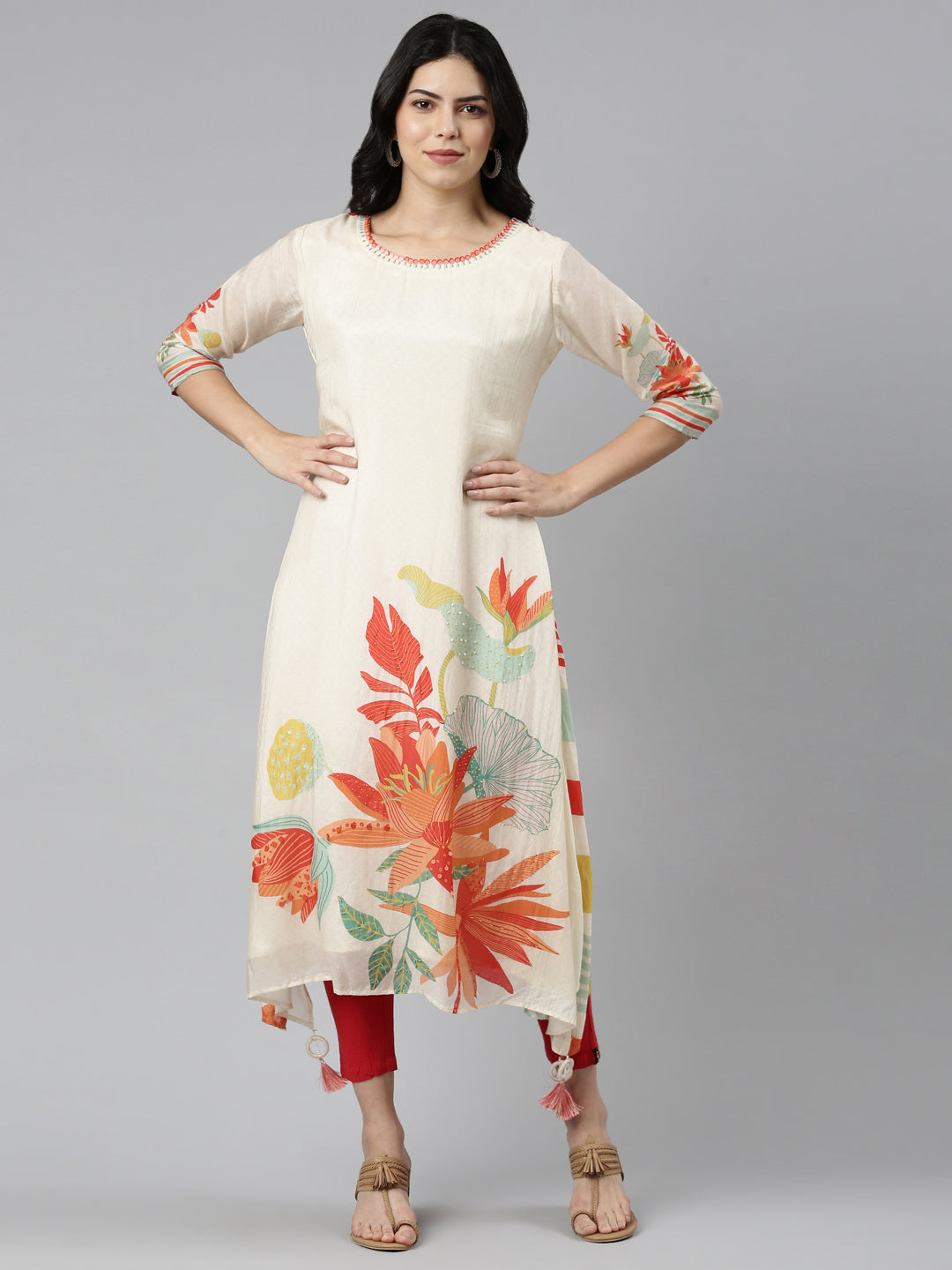 Neerus Beige printed A-Line kurti - front view