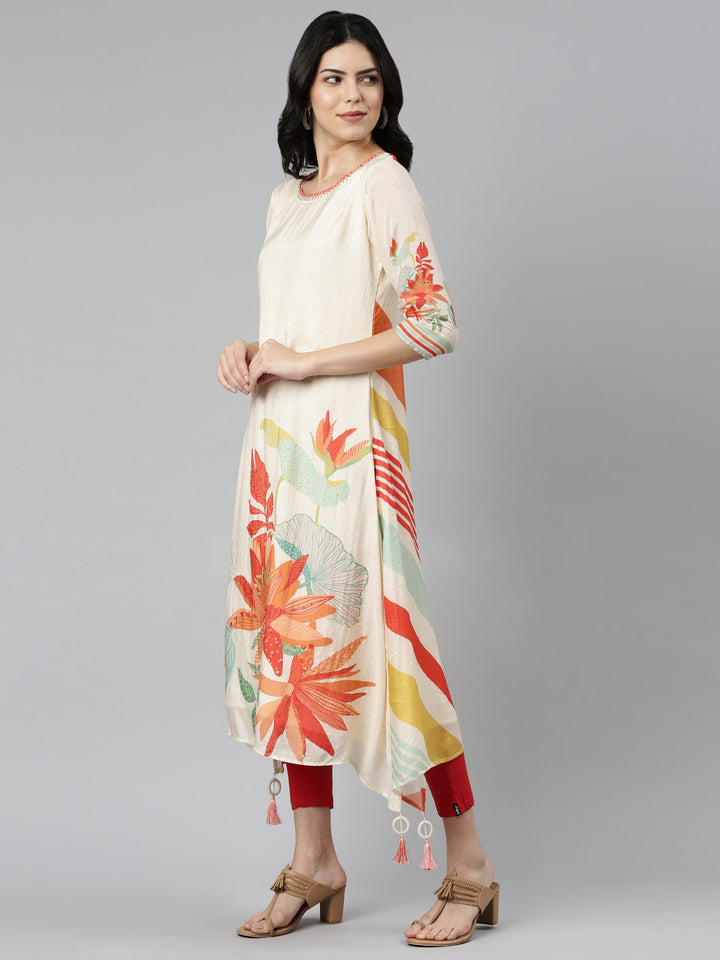 Neerus Beige printed A-Line kurti - back view