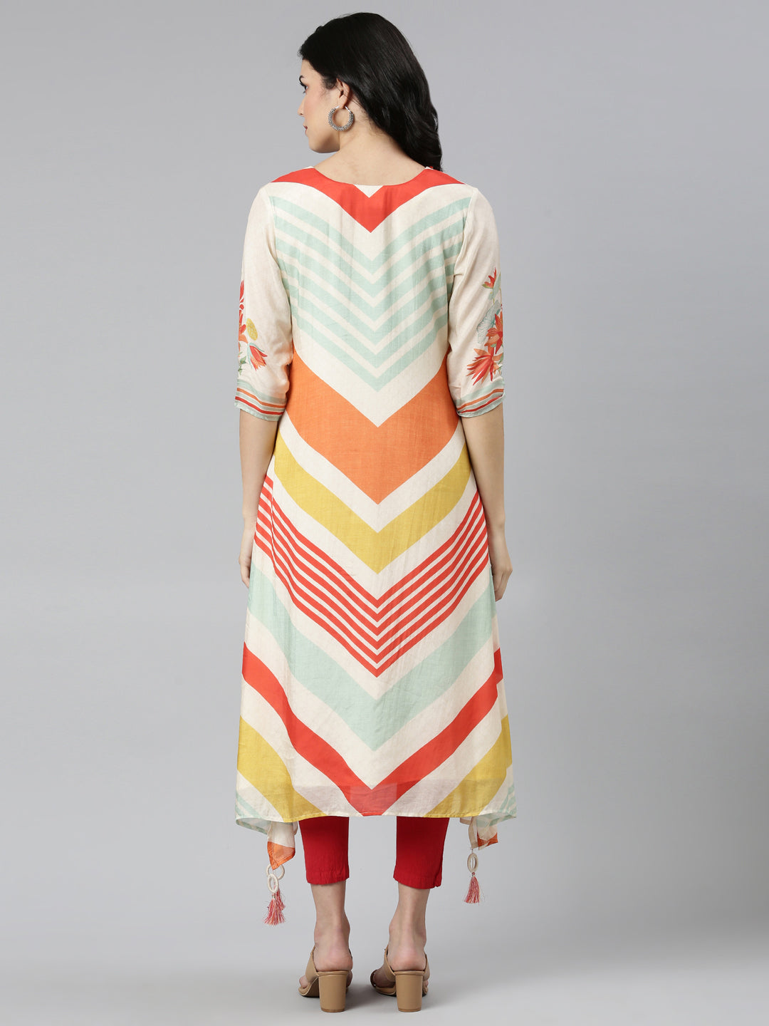 Neerus Beige printed A-Line kurti - side view