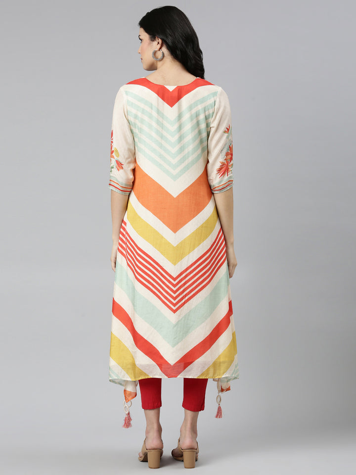 Neerus Beige printed A-Line kurti - side view