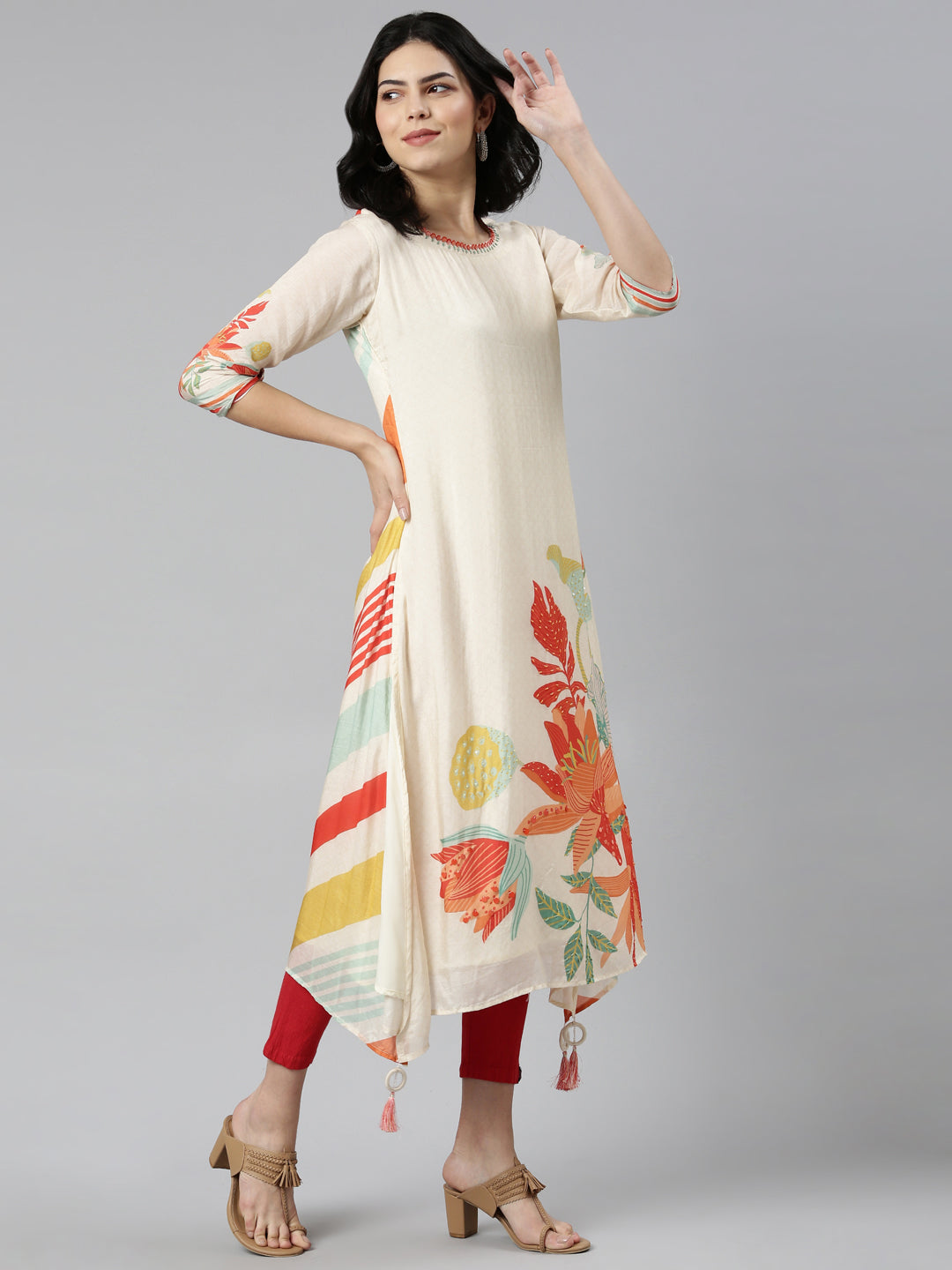 Neerus Beige printed A-Line kurti - detail view 2
