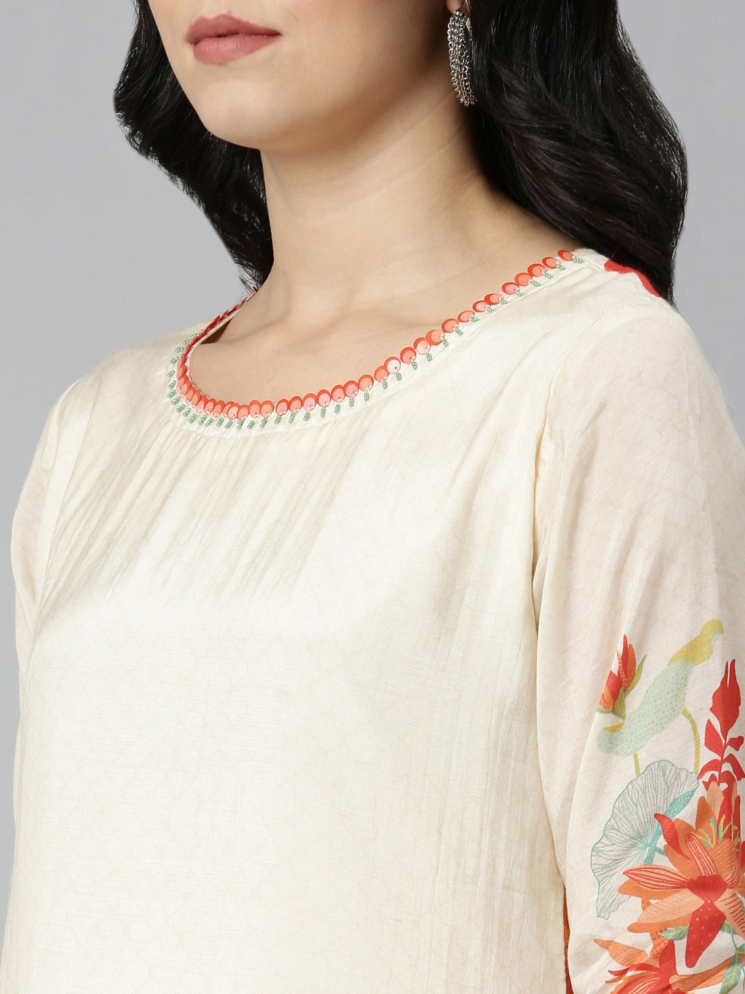 Neerus Beige printed A-Line kurti - detail view 1