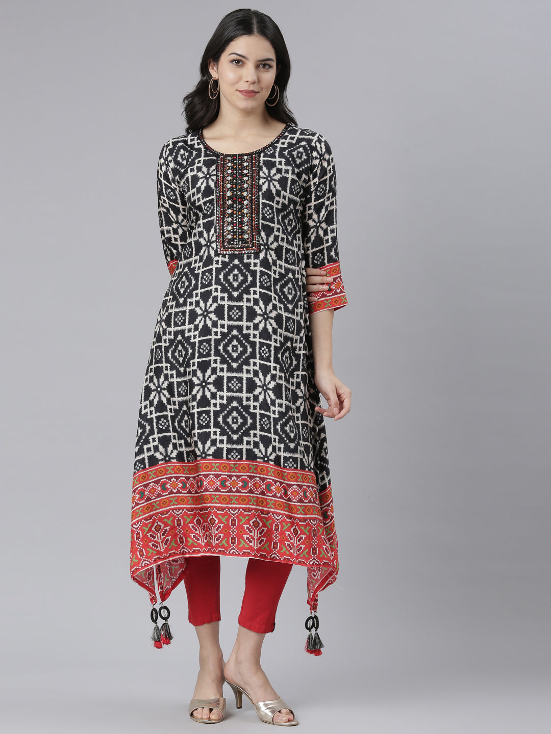 Neerus Black rayon high-low kurti - front view