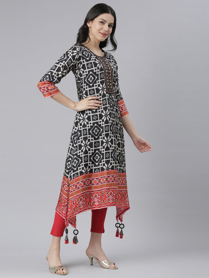 Neerus Black rayon high-low kurti - back view