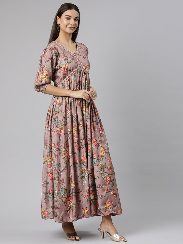 Neerus Pink Flared Casual Floral Dresses