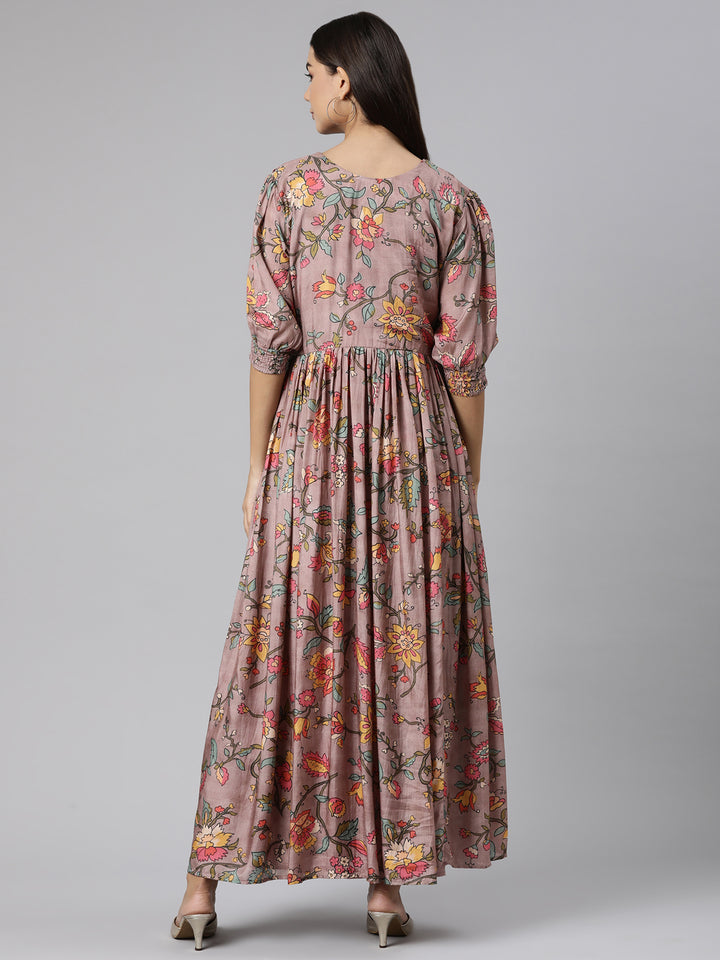 Neerus Pink Flared Casual Floral Dresses