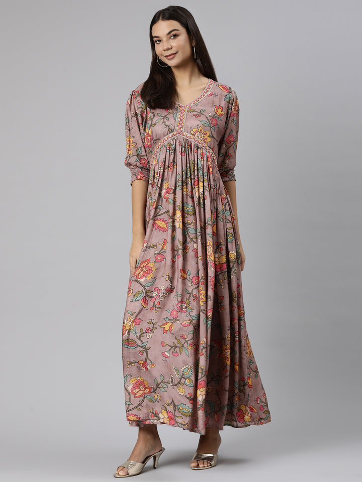 Neerus Pink Flared Casual Floral Dresses