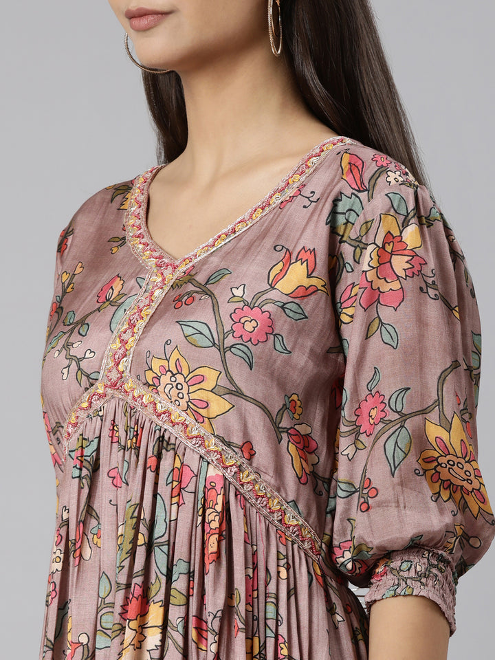 Neerus Pink Flared Casual Floral Dresses