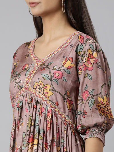 Neeru's Pink Flared Casual Floral Dresses