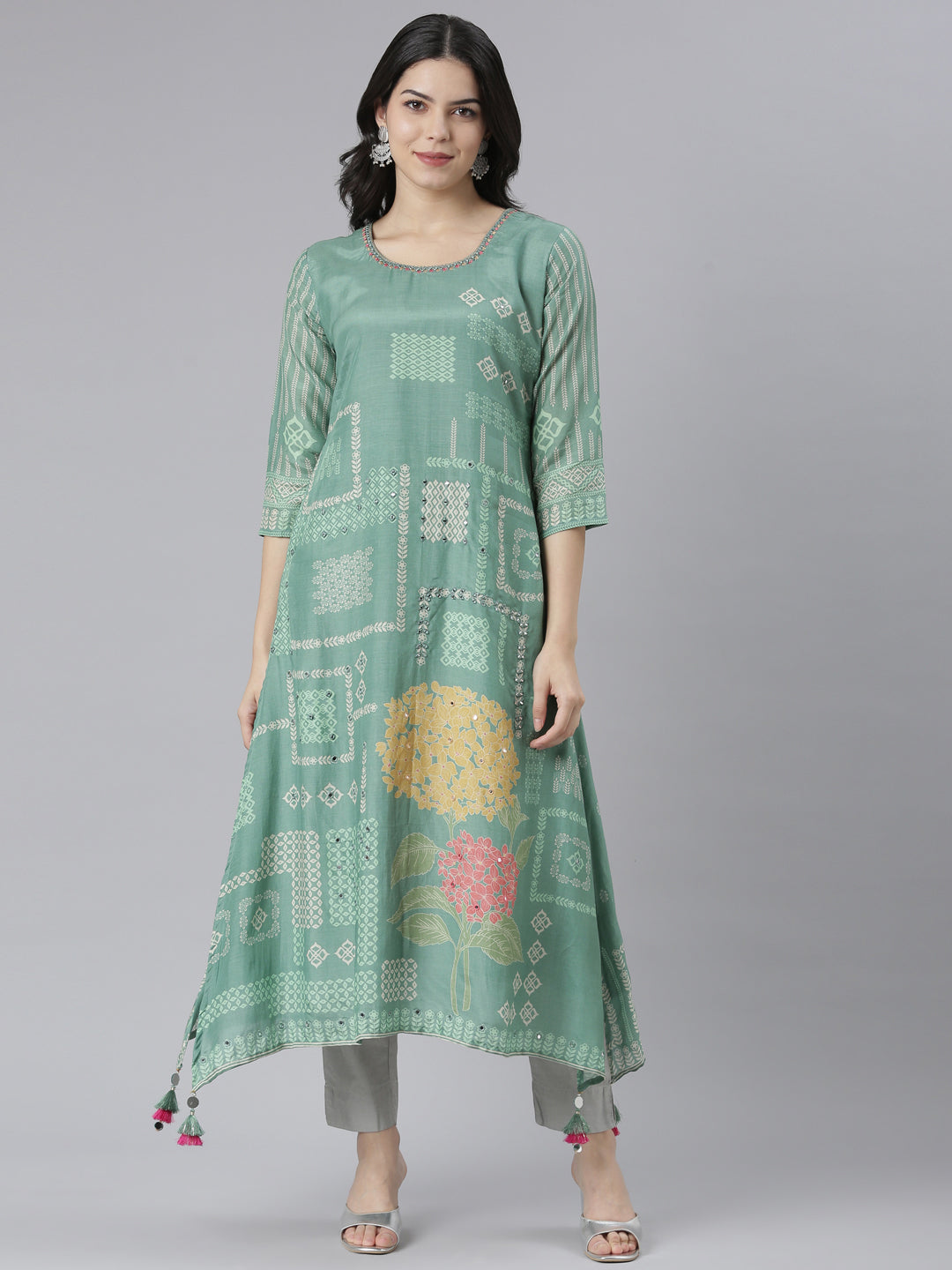 Neerus Green rayon printed high-low kurti - front view
