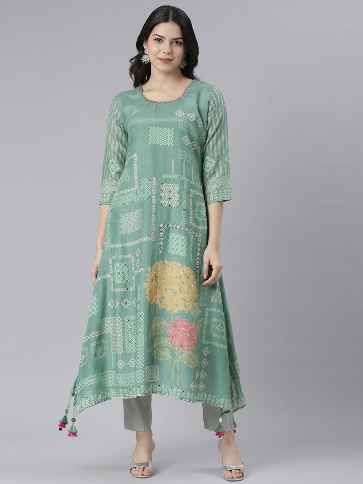 Neerus Green rayon printed high-low kurti - front view