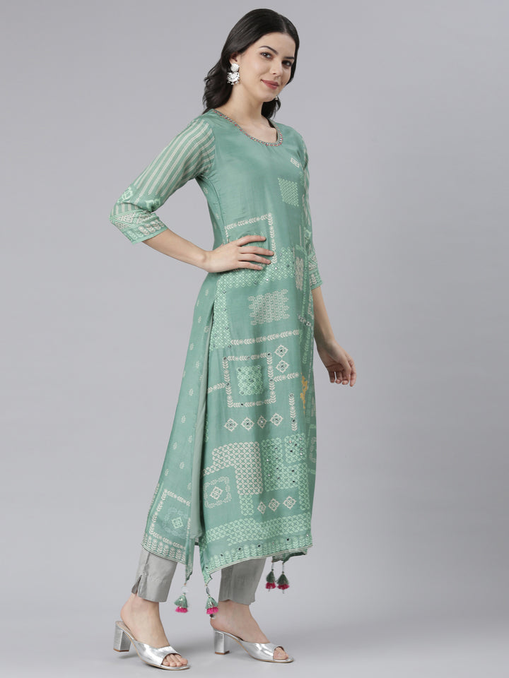 Neerus Green rayon printed high-low kurti - back view