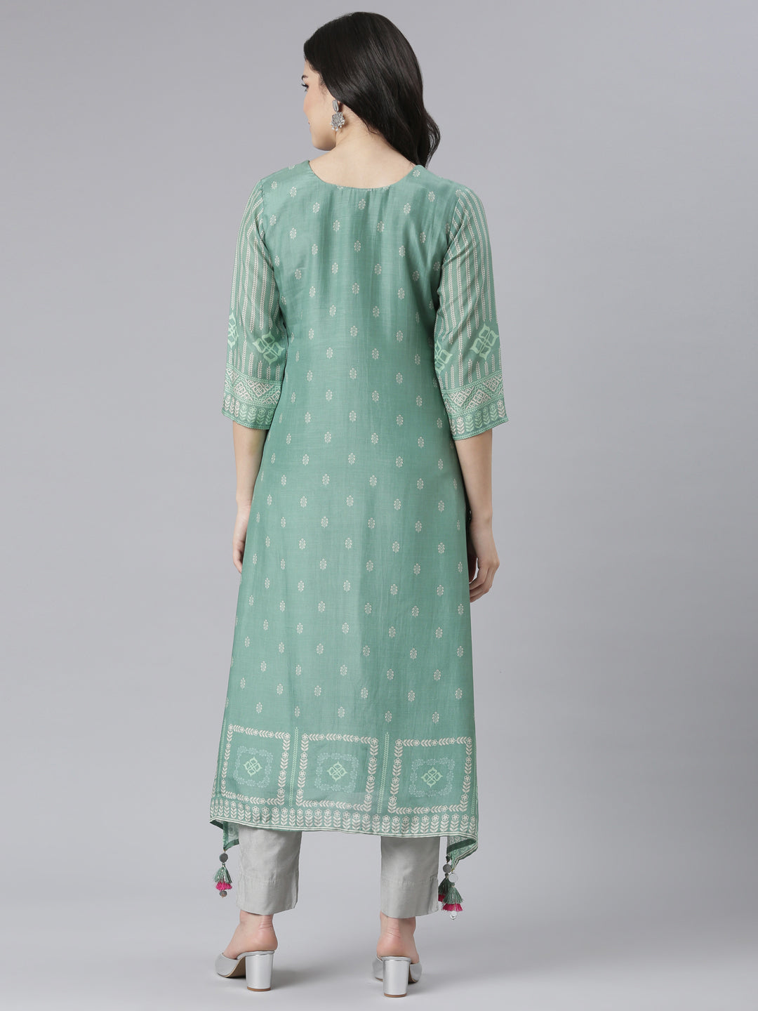 Neerus Green rayon printed high-low kurti - side view