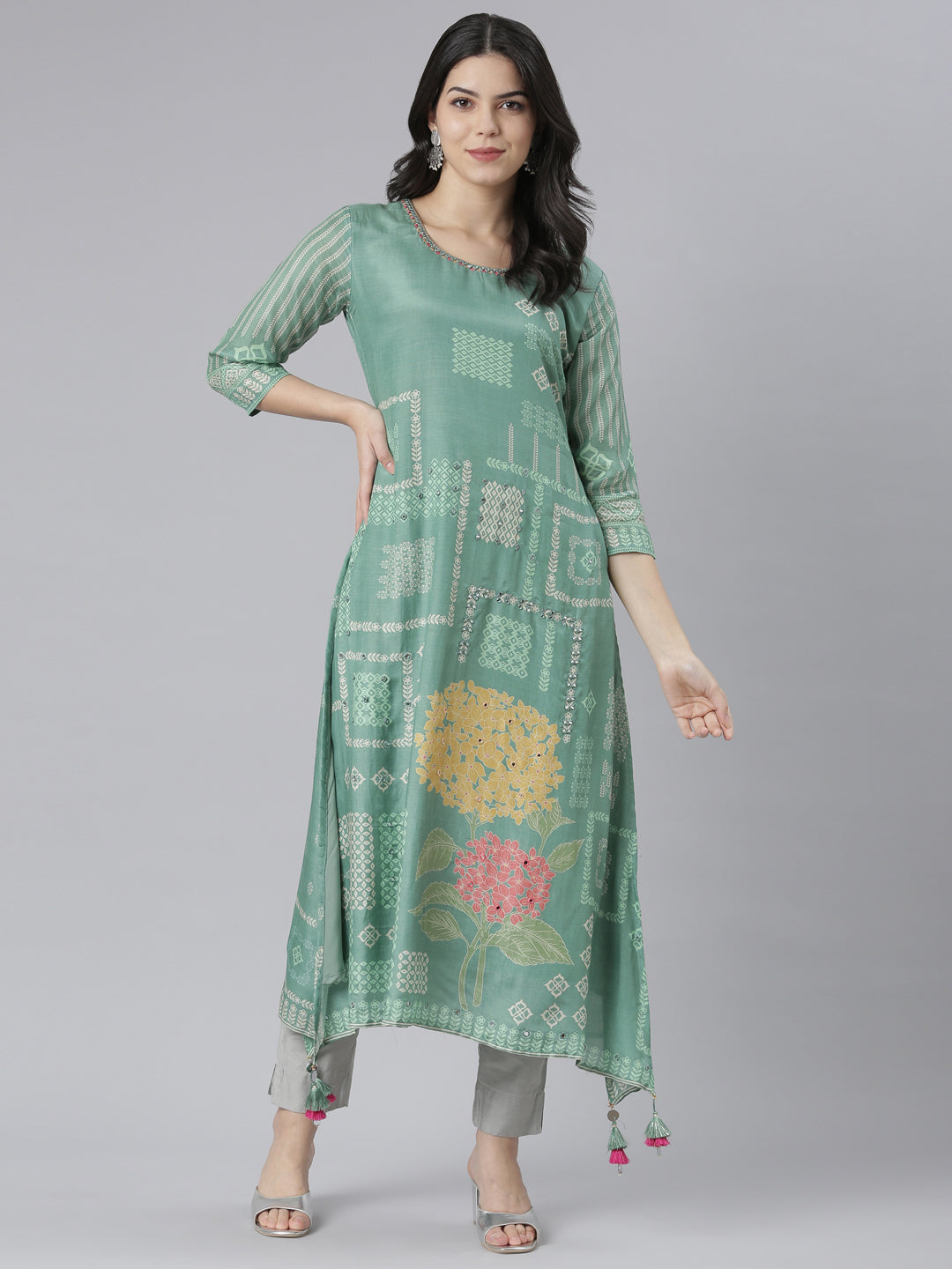 Neerus Green rayon printed high-low kurti - detail view 1