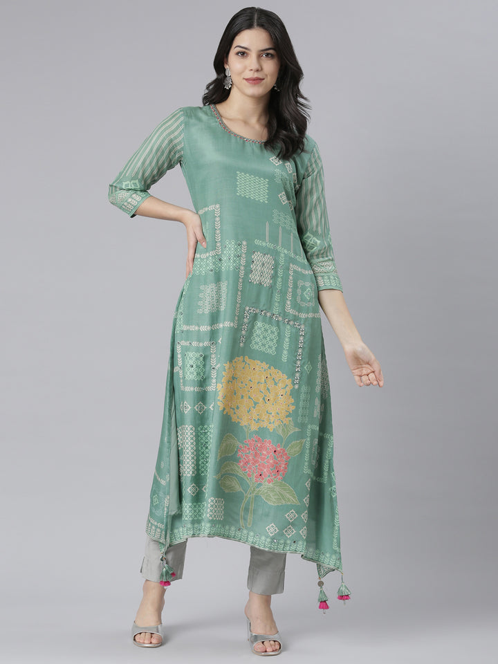 Neerus Green rayon printed high-low kurti - detail view 1