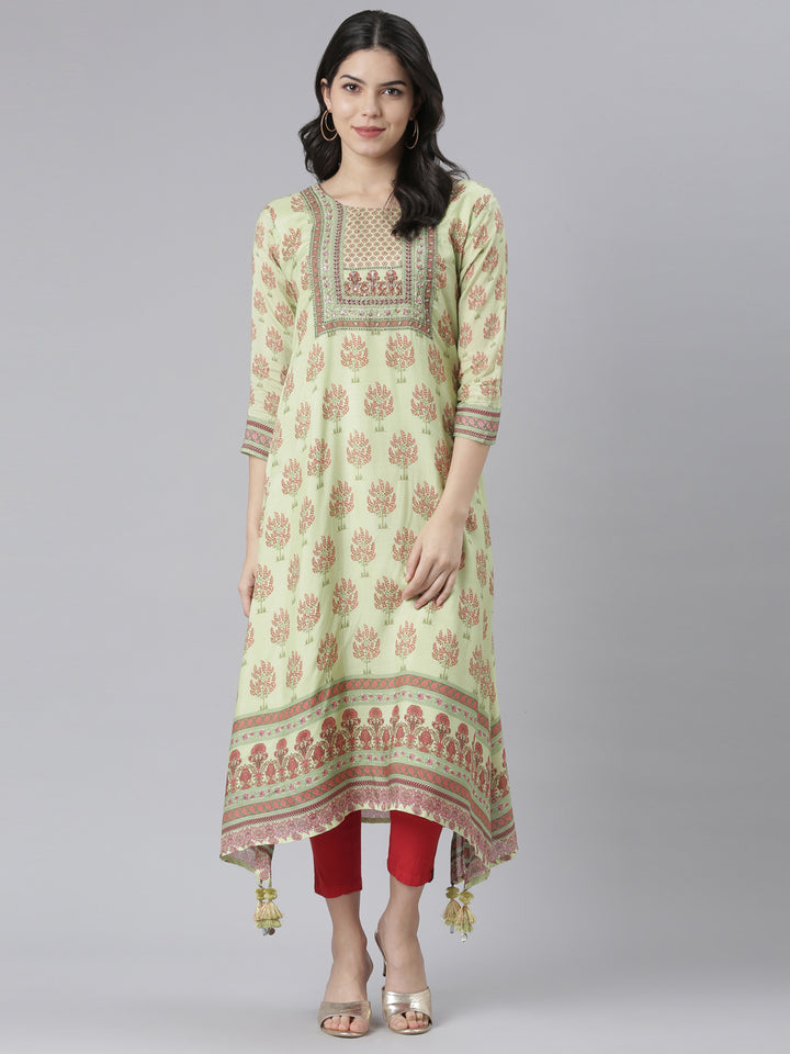 Neerus Green muslin printed high-low kurti - front view