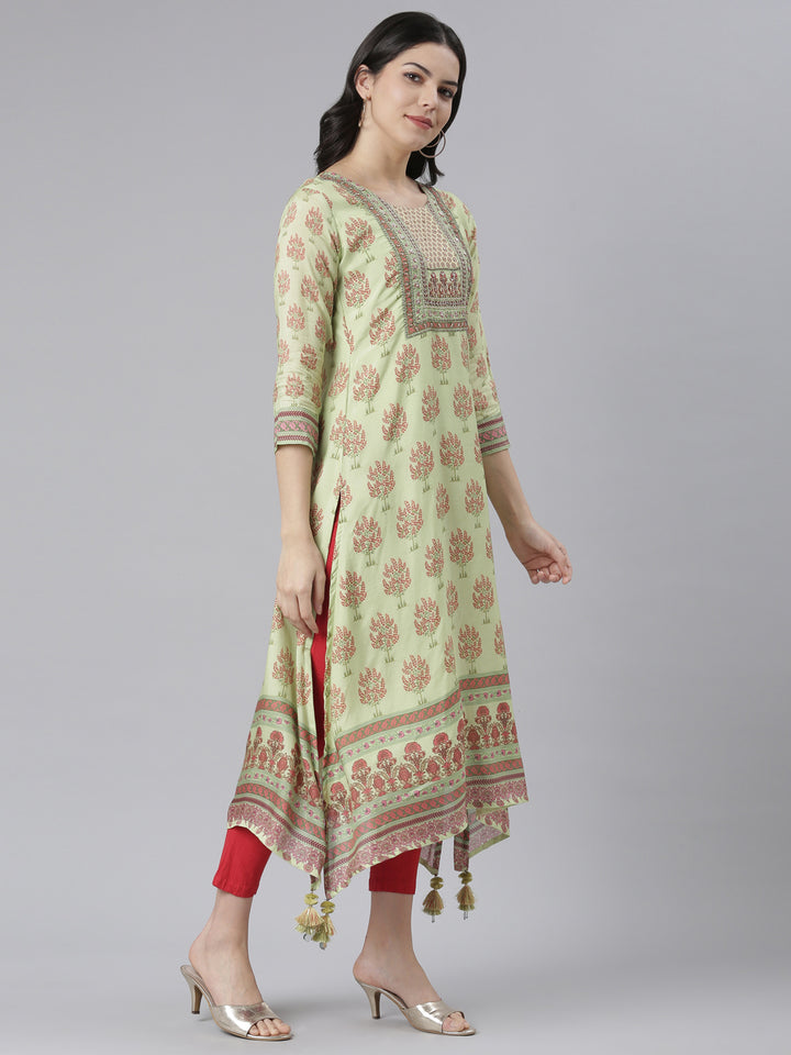 Neerus Green muslin printed high-low kurti - back view