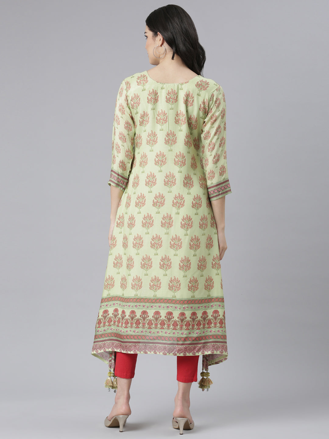 Neerus Green muslin printed high-low kurti - side view