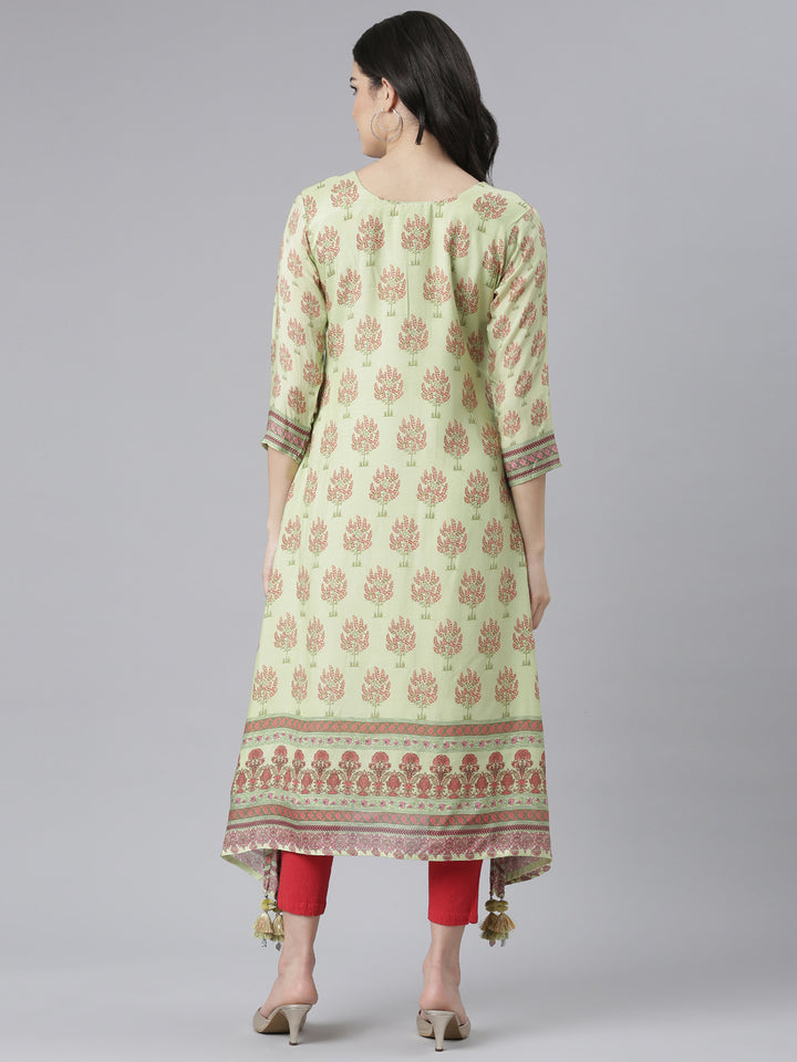Neerus Green muslin printed high-low kurti - side view