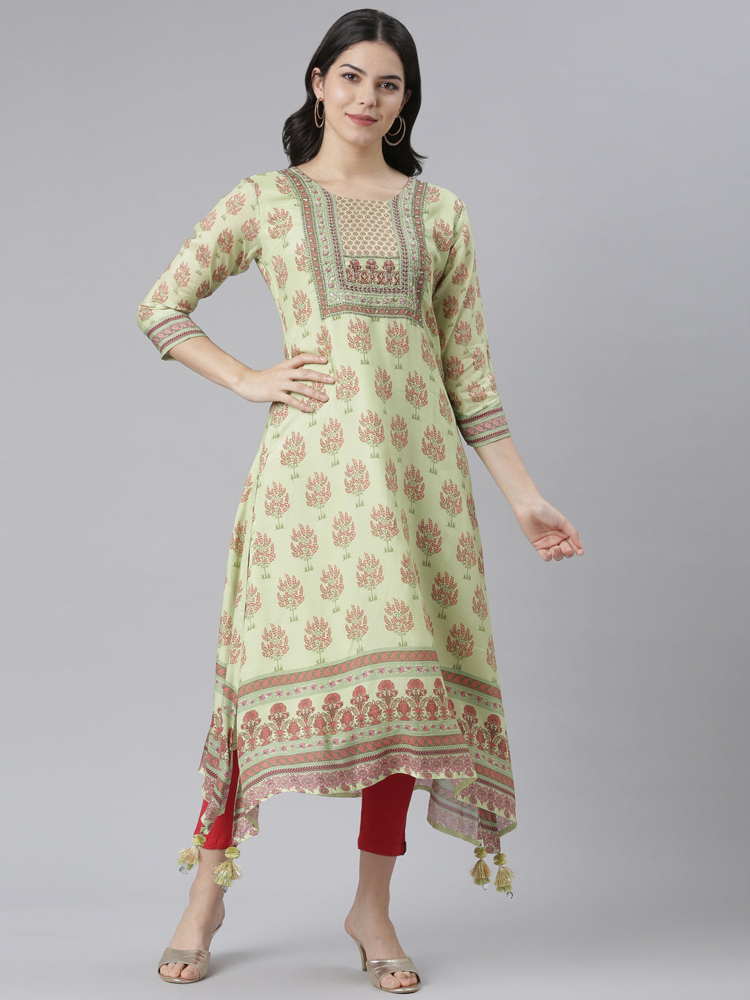 Neerus Green muslin printed high-low kurti - detail view 3