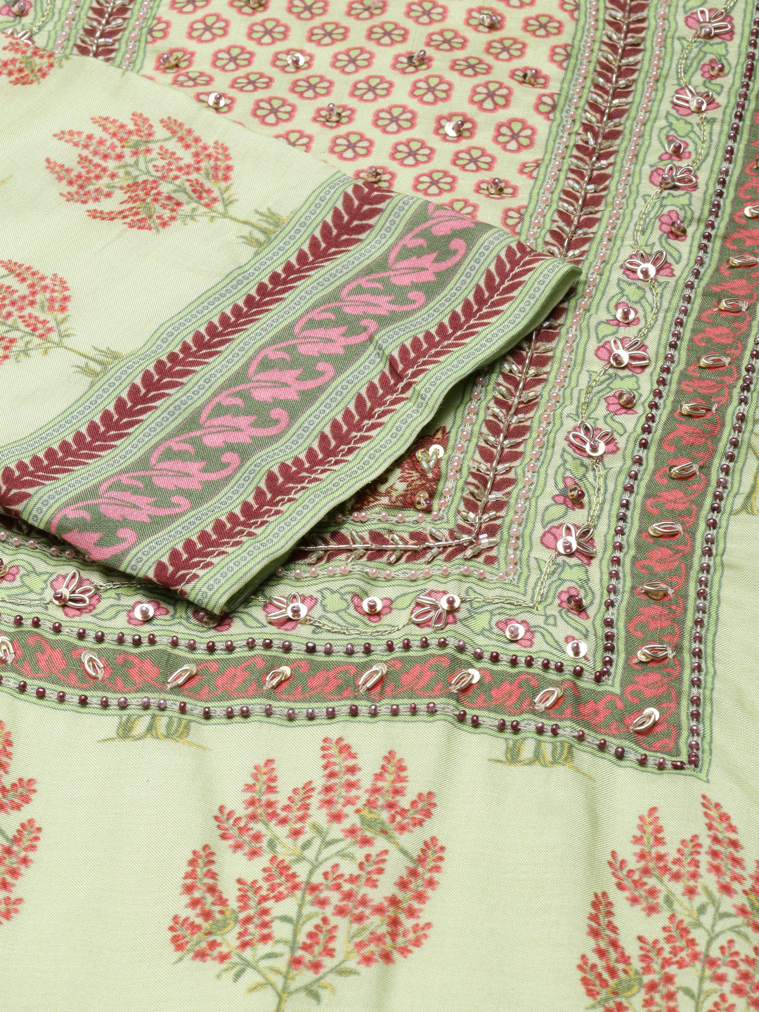 Neerus Green muslin printed high-low kurti - detail view 2