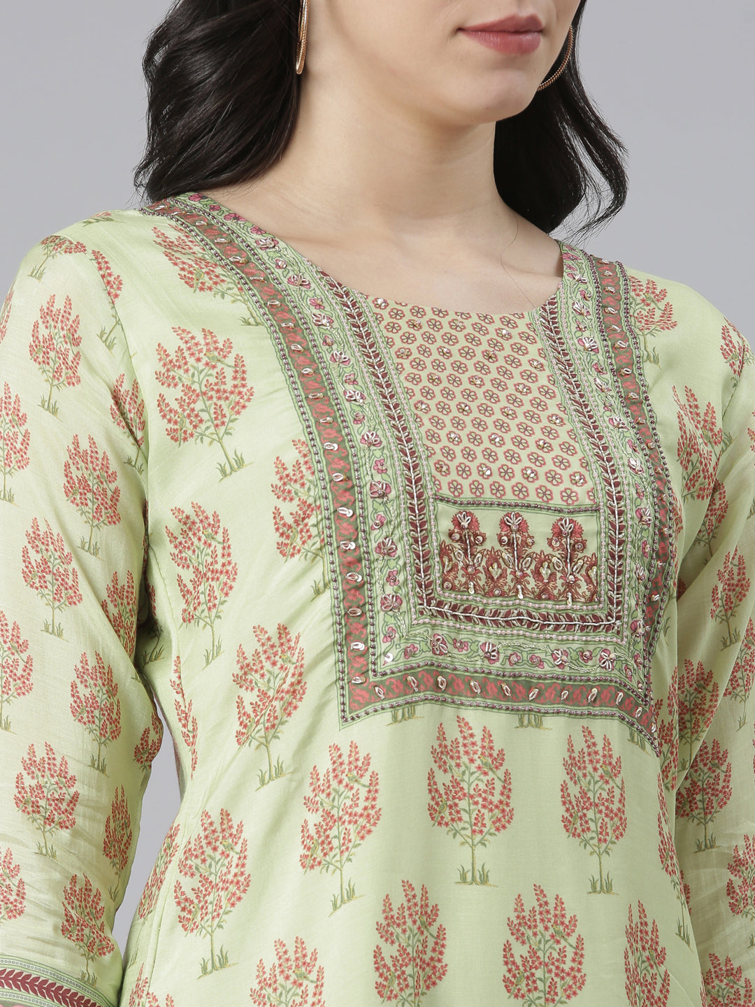 Neerus Green muslin printed high-low kurti - detail view 1
