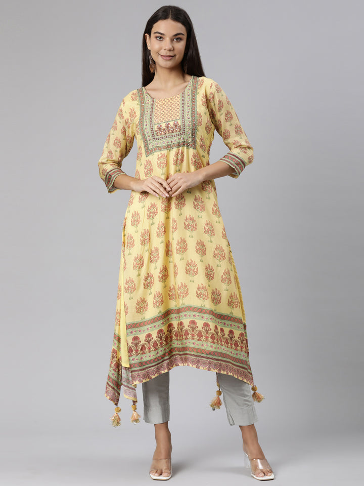 Neerus Yellow Regular High-Low Kurtas