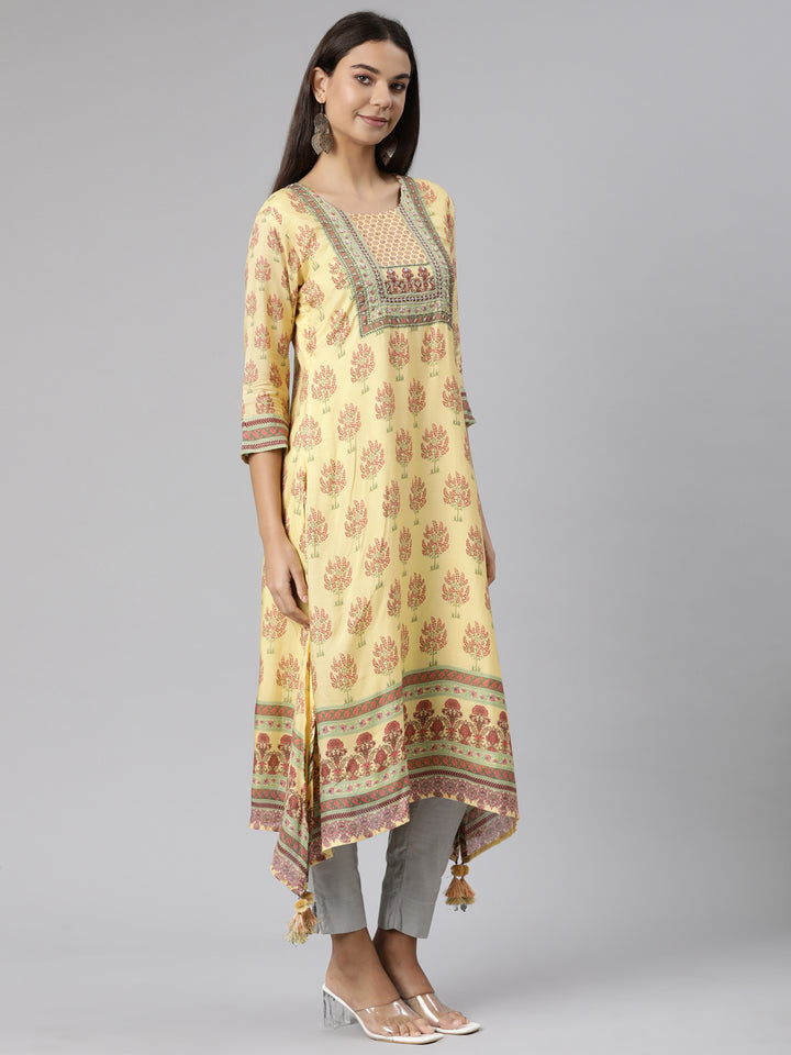 Neerus Yellow Regular High-Low Kurtas
