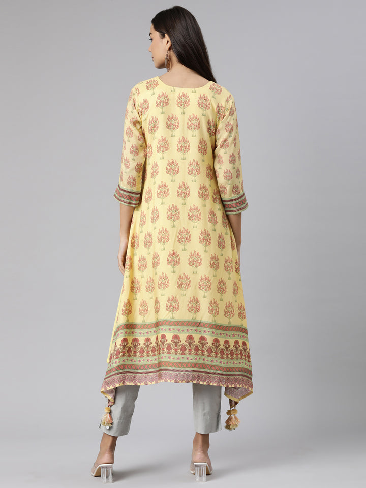 Neerus Yellow Regular High-Low Kurtas