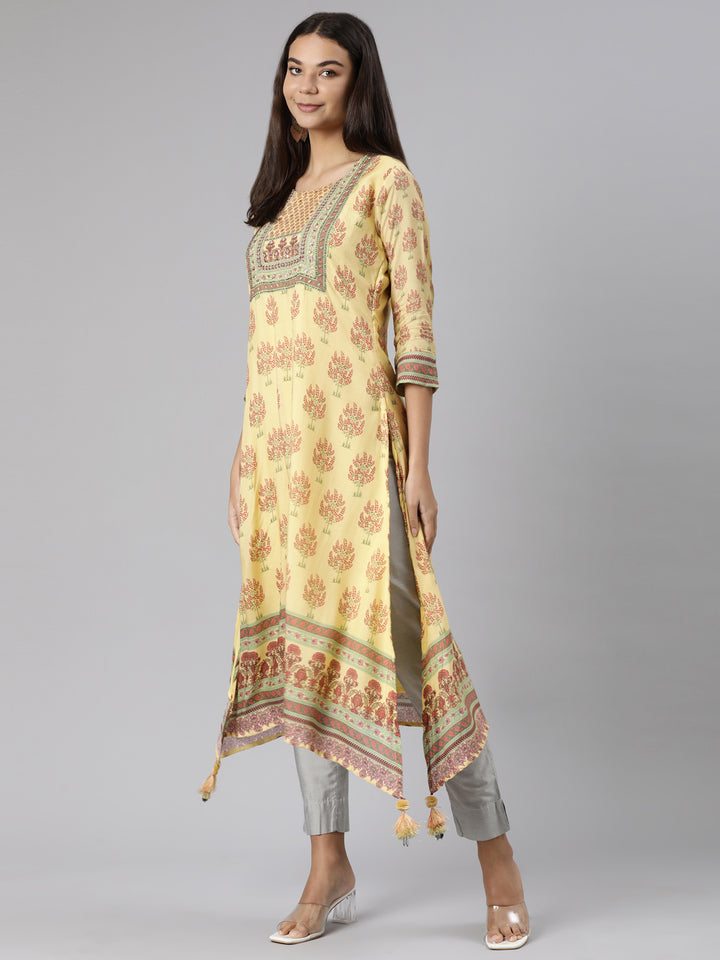 Neerus Yellow Regular High-Low Kurtas