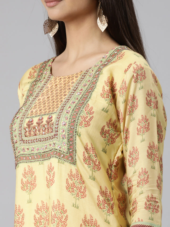 Neerus Yellow Regular High-Low Kurtas