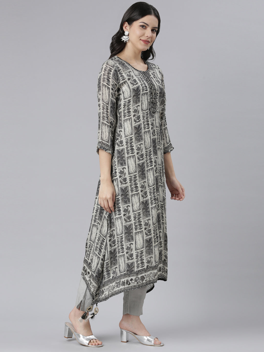 Neerus Black ethnic printed A-Line kurti - back view