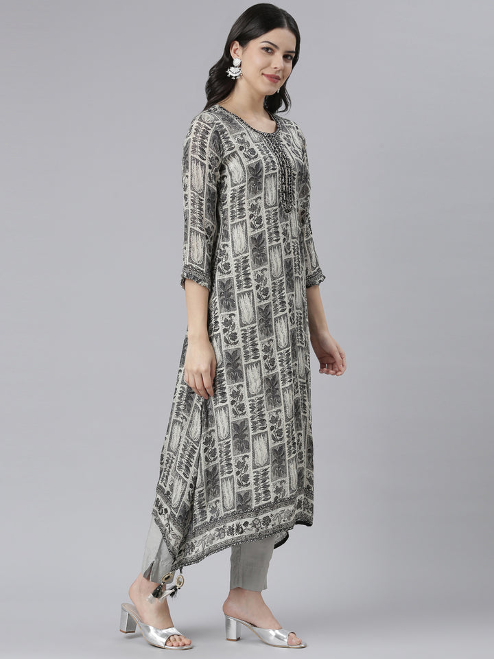 Neerus Black ethnic printed A-Line kurti - back view