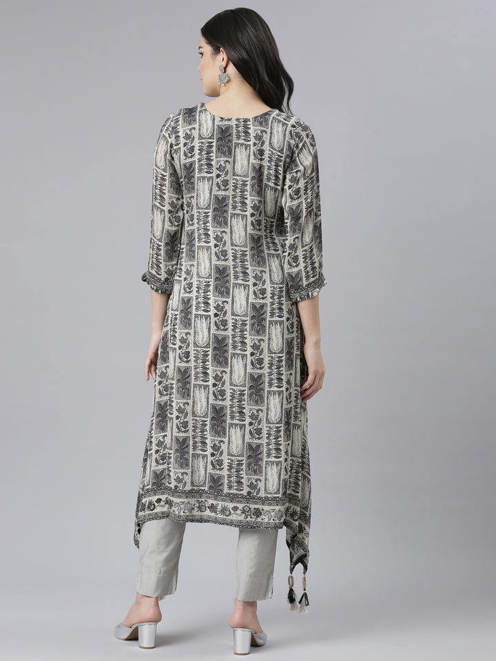 Neerus Black ethnic printed A-Line kurti - side view