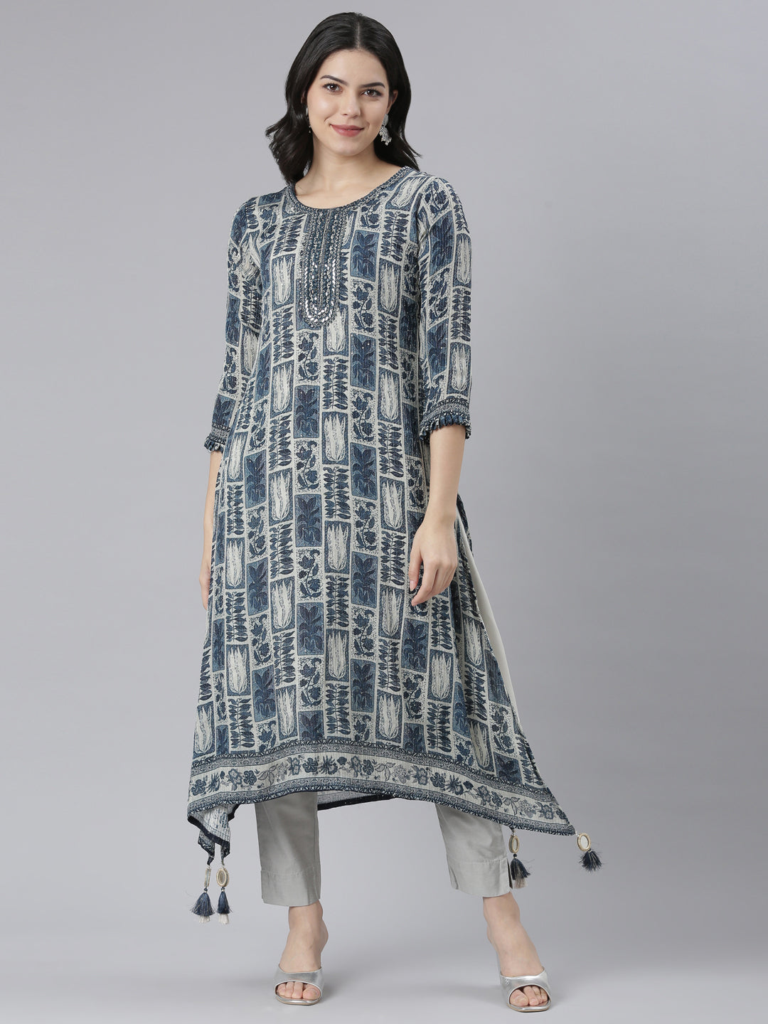 Neerus Blue printed A-Line ethnic kurti - front view