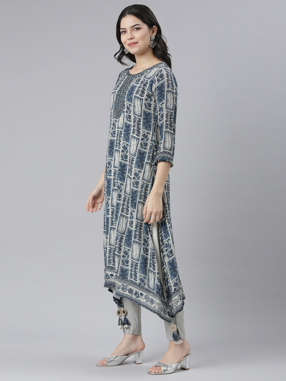 Neerus Blue printed A-Line ethnic kurti - back view