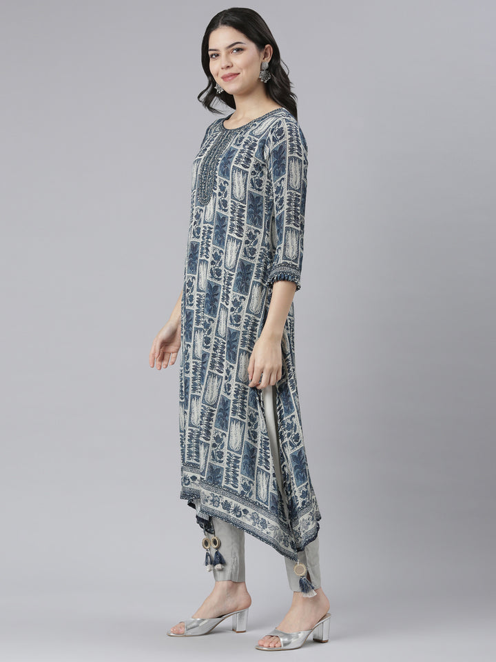 Neerus Blue printed A-Line ethnic kurti - back view