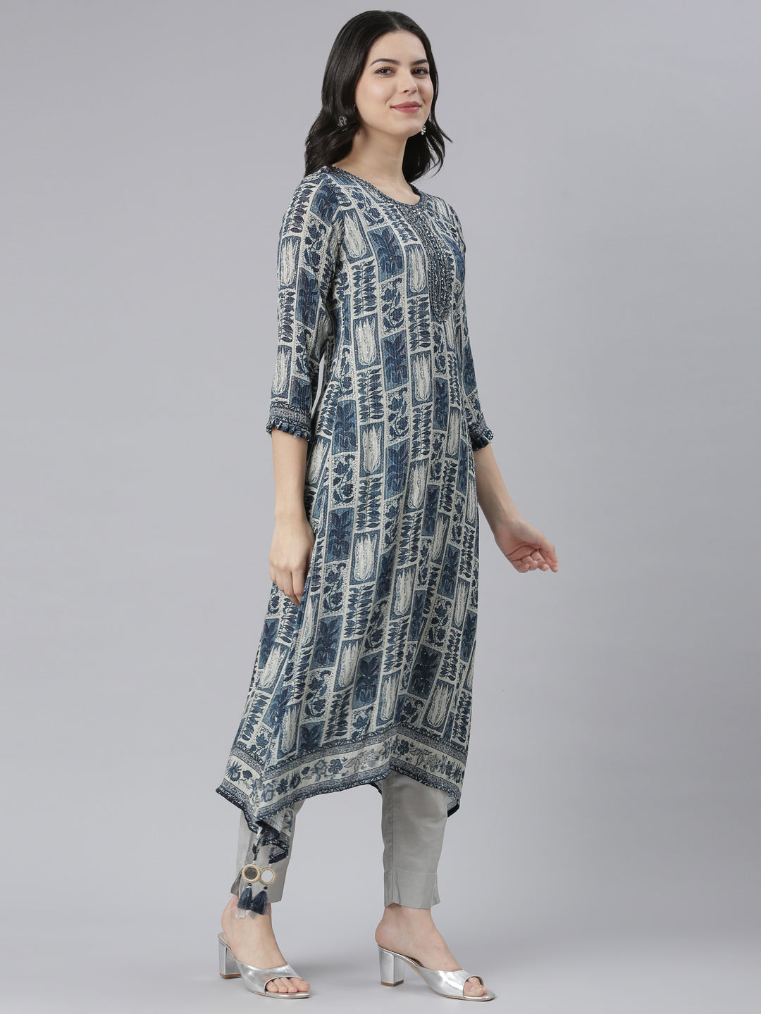 Neerus Blue printed A-Line ethnic kurti - side view