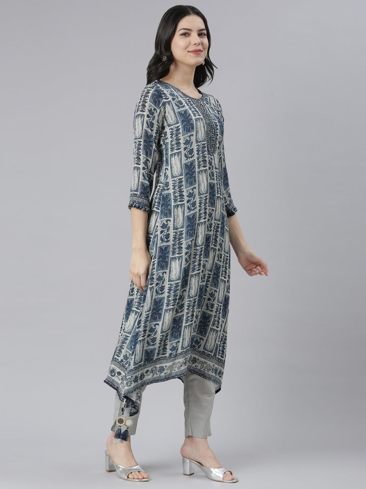 Neerus Blue printed A-Line ethnic kurti - side view